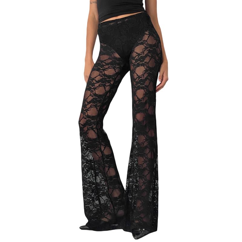 Women Sexy Lace See Through Pants Sheer Mesh Low Waist Stretchy