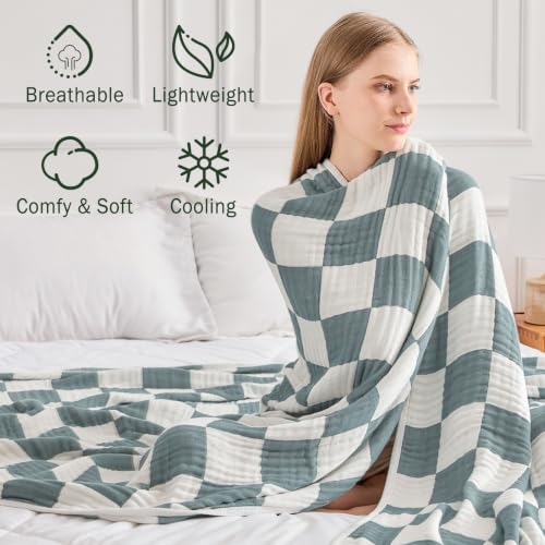 Image of EMME Cooling Muslin Twin Blanket - Checkered Lightweight Summer Cotton Blankets of Rayon Derived from Bamboo for Hot Sleepers, Ultra Soft Breathable All Season Gauze