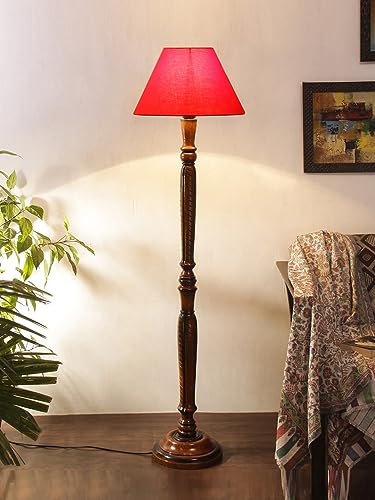 Image of Devansh Red Cotton conical Wooden Floor lamp -18