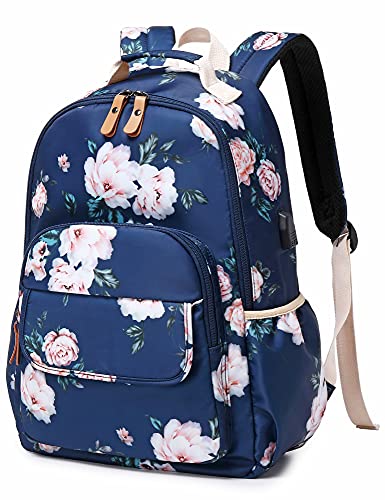 Image of Leaper Floral School Backpack Girls Bookbag Daypack USB Charging Port Dark Blue-2
