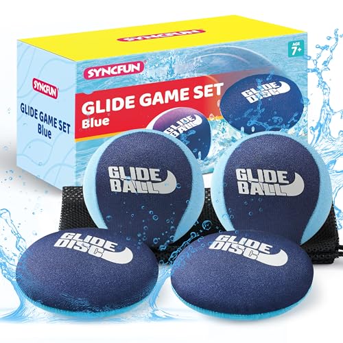 SYNCFUN 4 Pcs Skip Water Balls,Splash Water Bouncing Balls with Mesh Bag, Beach Toys for Kids, Pool Toys for Friends and Family, Fly Swimming Game Adults, Boys,Teens, Great for All Ages (Blue)