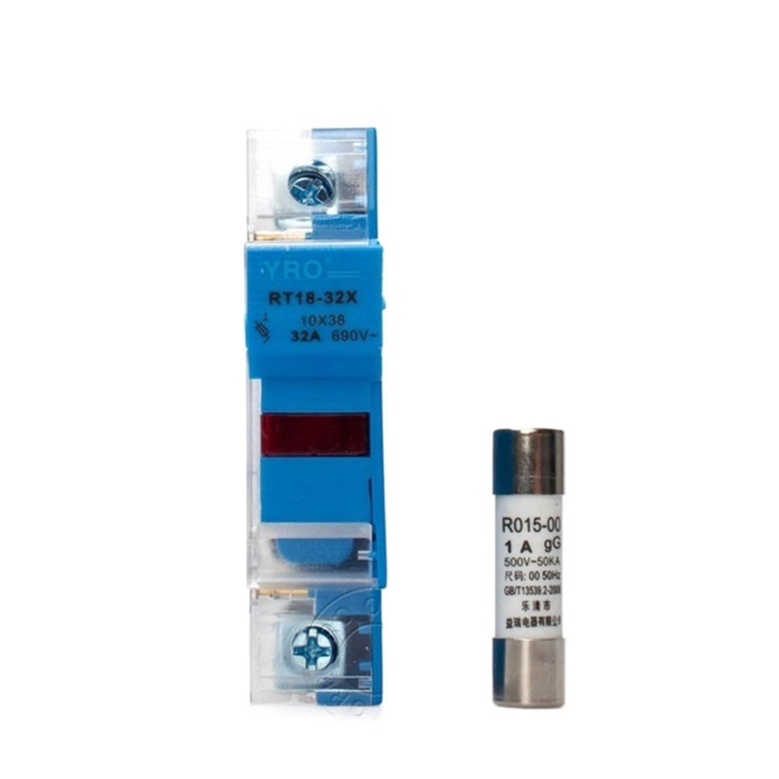 AC 1 zestaw 1P LED bezpiecznik uchwyt 690 V z 10 x 38 mm Flink ceramiczny rdzeń 0,5 ONE 1 A 2 A 3 A 4 A 5 A 6 A 8 A 10 A 16 A 20 A 25 A 32 A RO15 (Blue-1sets Fuse and Base, 10A)
