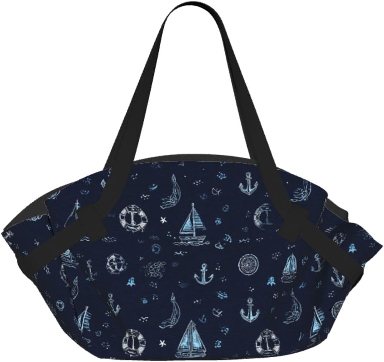 Navy Nautical2 Pattern Foldable Camping Tote Bag Picnic Blanket Bag Portable Beach Mat Tote Waterproof Outdoor Picnic Mat Carry Bag