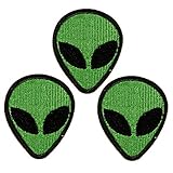 U-Sky Sew or Iron on Embroidered Patches | Classic Green Alien Head with Black Eyes | Retro Sci-Fi UFO Theme | Teens Adults Sci-Fi Fans | Jackets Jeans Hats Backpacks | 2.1'x1.7' 3PCs Pack