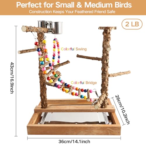 Image of Bird Perch Play Stand Playground, Conure Parakeets Parrots Cockatiel Toys, for Bird Cage Accessories, Natural Wood