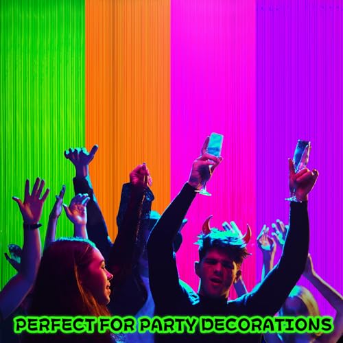 Image of 12 Pack Glow in The Dark Curtains Party Supplies 6.6 x 3.3 Ft Glow Tinsel Foil Fringe Curtains Colorful Photo Booth Prop Backdrop Streamer for Birthday Holiday Neon Party Decorations