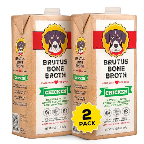 Brutus Chicken Broth for Dogs - All Natural Chicken Bone Broth with Chondroitin Glucosamine Turmeric -Human Grade Food Toppers for Picky Eaters & Dry Food -Tasty & Nutritious- Pack of 2