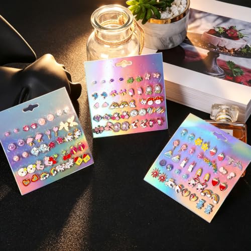 Image of NEWITIN 100 Pairs Colorful Cute Earrings for Girls Sensitive Ears Hypoallergenic Girl Stud Earrings Set Stainless Steel Cartoon Stud for Girls and Women