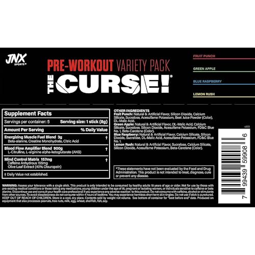 Image of JNX The Curse! Pre Workout Powder with Creatine, Blue Raspberry, 5 Servings | Pre workout powder for men & women with caffeine, L-Citrulline, Beta Alanine & Creatine for energy, pumps & performance.