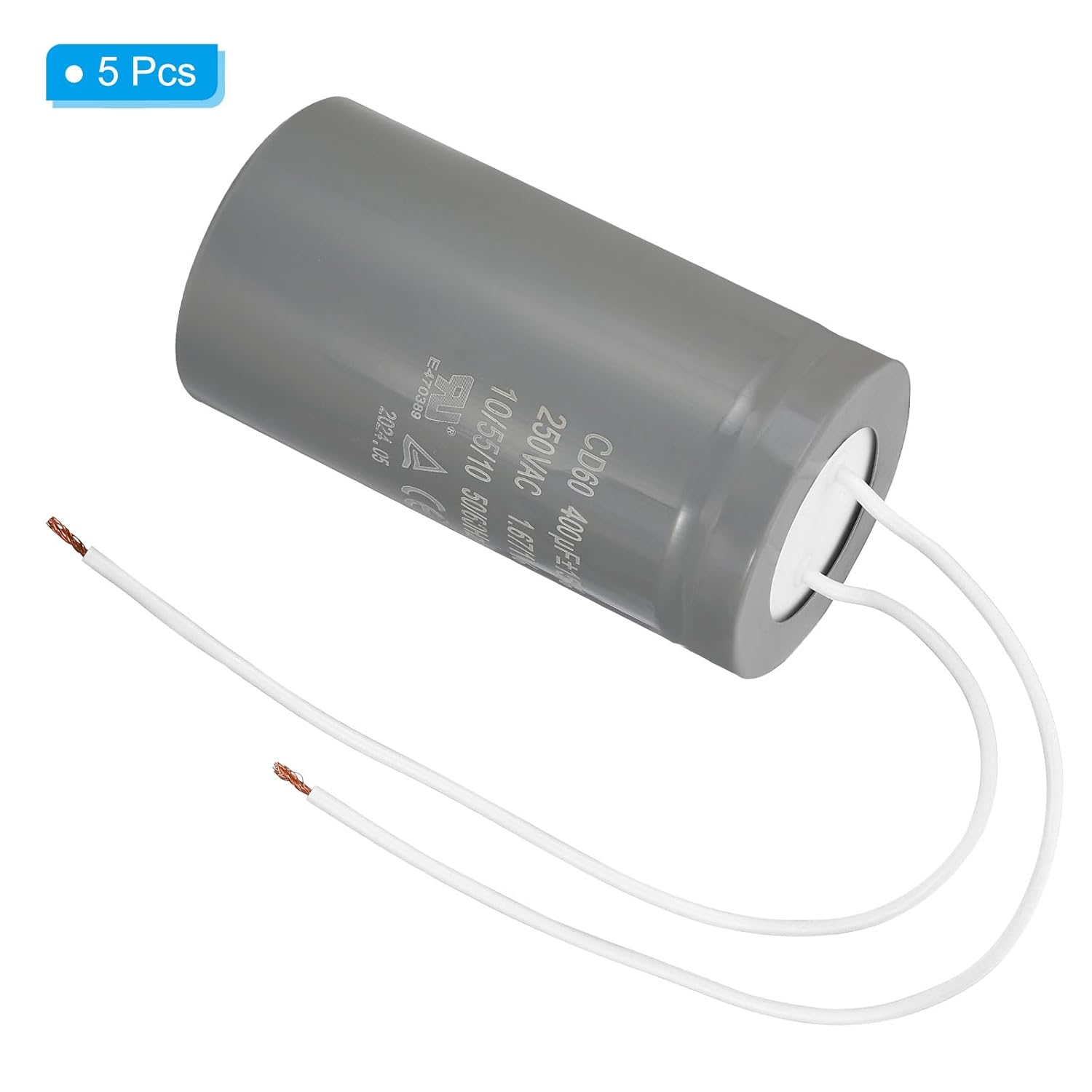 PATIKIL CD60 Running Capacitor, 5 Pcs 400uF 250V 2 White Wires 50/60Hz Motor Starting Capacitor 96x50mm for Air Compressor Motor Starts Running, Grey