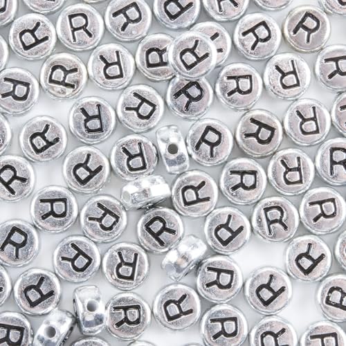 Yiizzxin 4x7mm Silver Acrylic Alphabet Letter R Beads 200pcs for Bracelets