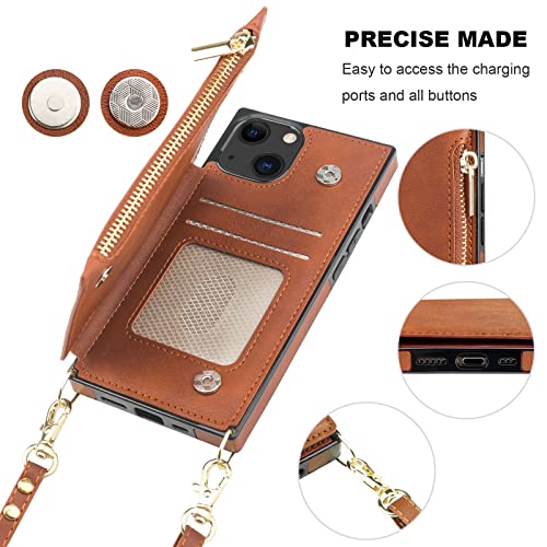 Bocasal Crossbody Wallet Case for iPhone 13 with RFID Blocking Card Slot Holder, Magnetic Flip Folio Purse Case, PU Leather Zipper Handbag with Detachable Lanyard Strap 6.1 Inch 5G (Brown)
