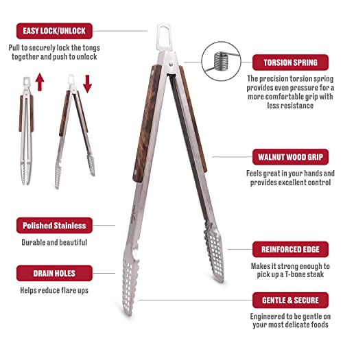 Dropkick Your Old Tongs, Grillhogs 16-Inch Barbecue Tongs Are The Only Equipment That Can Handle Your Massive Meat, Stainless Steel + Walnut Wood Bbq Tongs, Premium Grill Tongs #TOP1