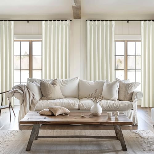 Image of Cream White Blackout Drapes 96 Inches Long 2 Panels, Linen Room Darkening Fabric Thick for Bedroom Viral Pinch Pleated Window Curtains 96 Inches Long with Hooks Sound Deadening Insulated Thermal Cute