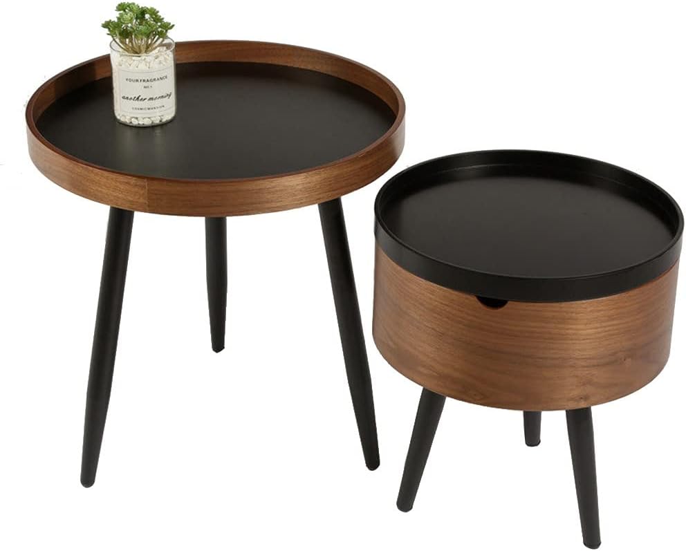 Etlegor Wooden Coffee Table, Bedside Table Set of 2 Small Side Table Round End Table with Storage Box Increase Storage Space for Living Room Bedroom (Color : Brown, Size : 50x51cm+38x43.5cm)