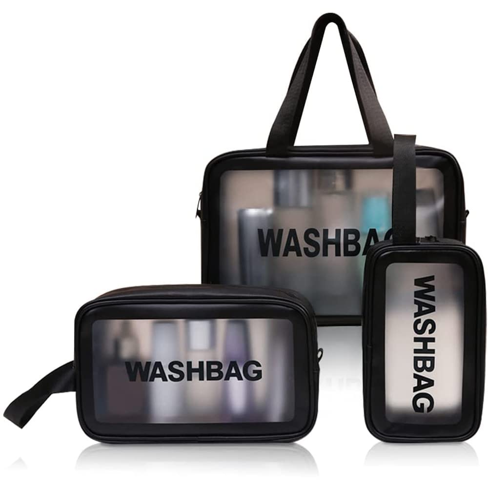 URbazaar3Pcs Clear Cosmetic Bag Vinyl Air Travel Toiletry Bags Bulk,Water Resistant PVC Packing Cubes with Zipper Closure,Carry Handle for Women Men,Make-up brush Case Beach Pool Spa Gym(Black-transparent)