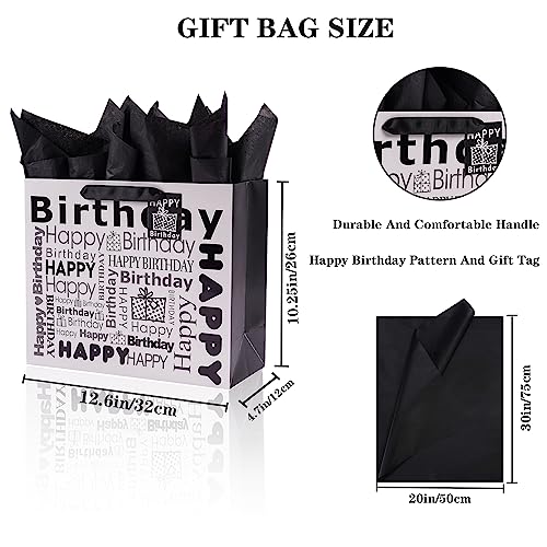 Elephant-Package White And Black Large Gift Bag With Tissue Paper, Happy Bithday Gift Bag For Men Women Birthday - 12.6" X 10.25" X 4.7", 1 Pcs #TOP1