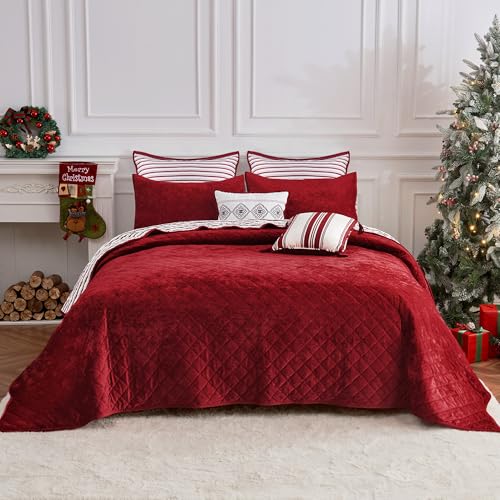Image of Wonderful Christmas Cotton Stripe Quilt 5-Piece Set,King Luxury Red Velvet Quilt Set,All-Season Breathable Bedding with 2 Elegant Cushions,Versatile for Bedroom, Fit for Adults, Teens & Kids,104 inchx94 inch