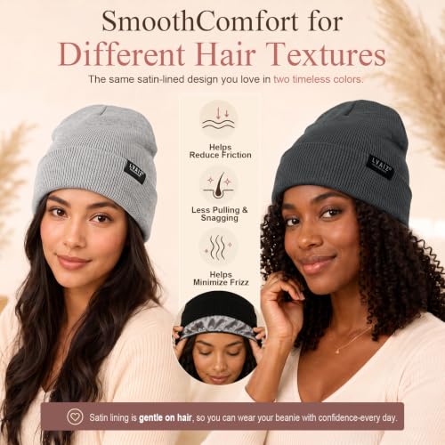 Image of 2 Pack Satin Lined Beanies for Men and Women Warm Cuffed Winter Hats | 60% cotton and 40% acrylic knit with smooth satin lining, stretch fit, cuffed ear coverage, and two-hat value for winter wear