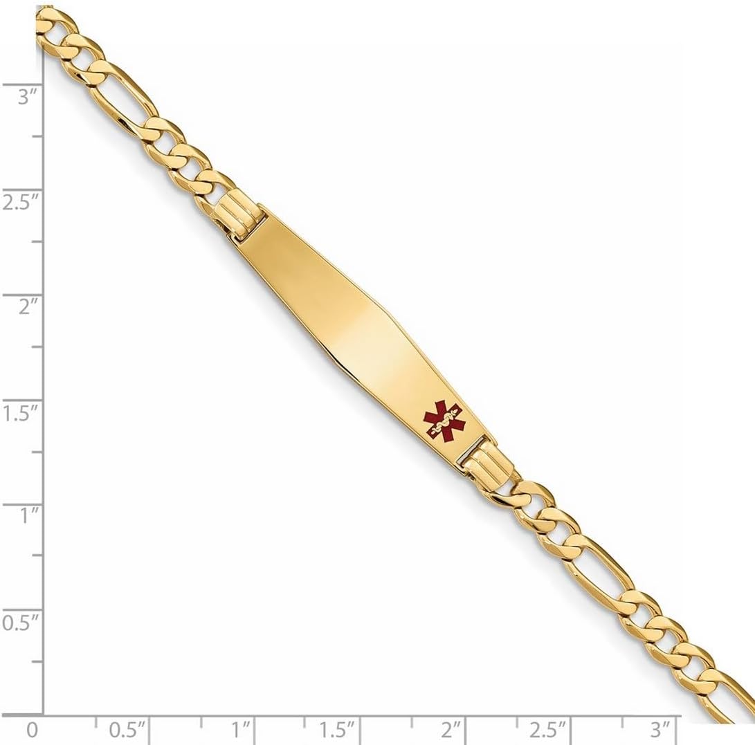 JewelryWeb 9.5mm 14k Solid Yellow Gold Medical Soft Diamond Shape Red Enamel Flat Figaro Link ID Bracelet Identification Bracelet for Women