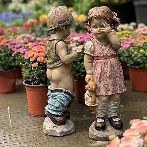 2 Piezas Estatua Decorativa Jardín Niño Niña Resina Impermeable Cover