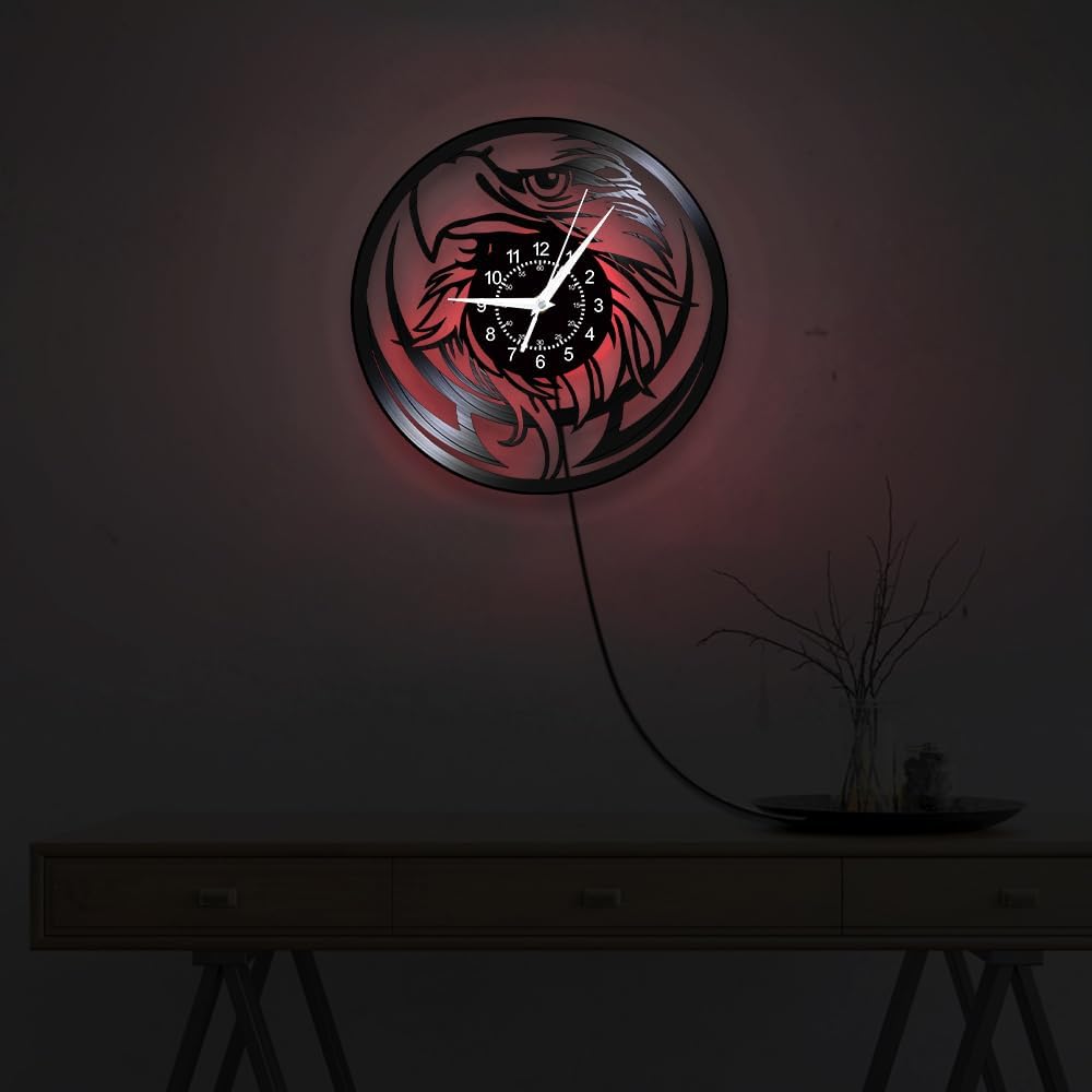 12 Inch Bald Eagle Vinyl Wall Clock 7 Color Changing, National Bird of The US Hawk Animal Wall Clock LED Night Light Honor Patriotic Wall Watch Clock for Soldier Military Retirement Gifts