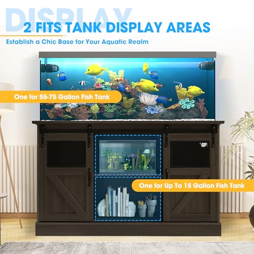 Dephet 55-75 Gallon Fish Tank Stand with Sliding Barn Doors & Power Outlet, Heavy Duty Aquarium Stand with Cabinet Storage for 2 Fish Tank/Turtle Tank/Reptile Terrarium Accessories, 1300LBS (Grey)