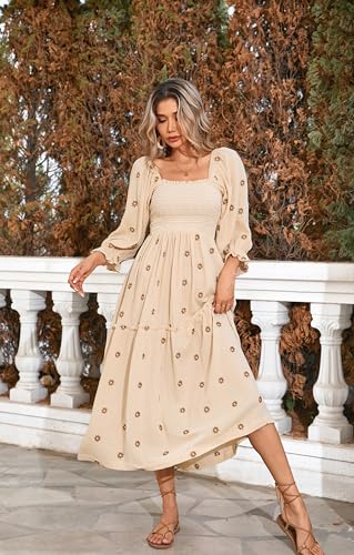 R.Vivimos Women's Long Sleeve Cotton Boho Midi Dress Vintage Square Neck Floral Embroidered Tiered Ruffle Flowy Pockets Dress2
