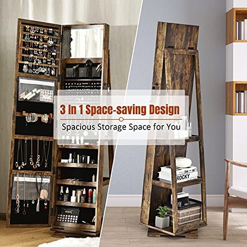 CASART Jewellery Cabinet, 3 in 1 Standing Jewelry Armoire with Full-Length Mirror and Storage Shelf, Lockable Jewellery Organiser for Earring Ring Necklace Cosmetics (360° Swivel Rustic Brown)