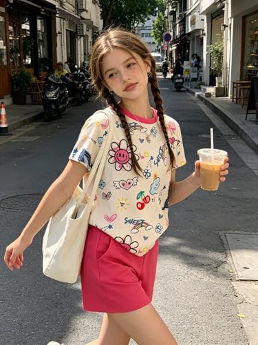 Image of Girls Clothes 2PCS Butterfly Print Short Sleeve T-Shirt + Shorts Set Teen Tween Girls Summer Outfits Set