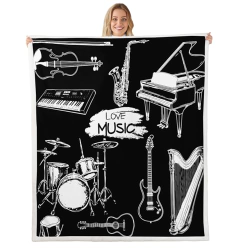 Feelyou Guitar Fleece Throw Blanket for Sofa Couch Drum Kit Piano Music Themed Sherpa Blanket Black White Musical Pattern Warm Plush Blanket Room Decor Instruments Print Fuzzy Blanket Throw 50"x60"