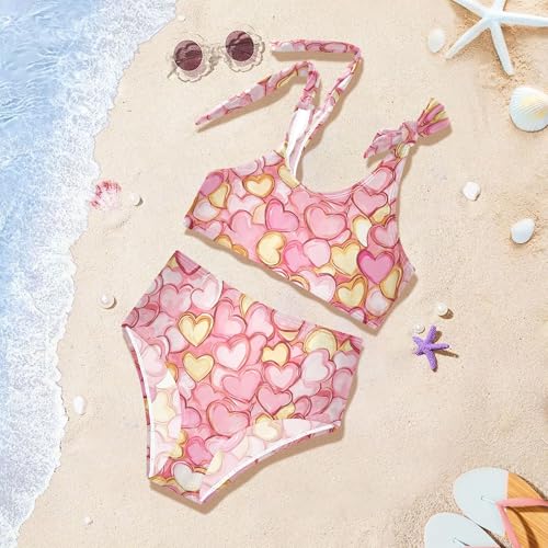 JUNZAN Cartoon Cute Golden Pink Love Girls Swim Suit Cute Elastic 2 Piece Swimwear Preppy Girls Swimming Suits 3T4