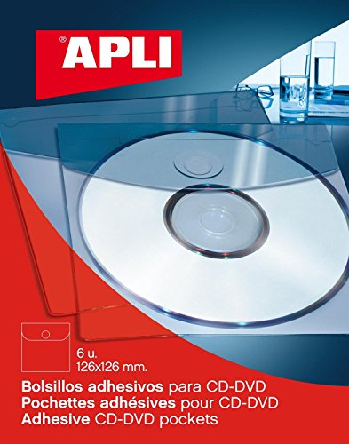 APLI Sachet de 6 pochettes adhésives cd/dvd 126 x 126 mm