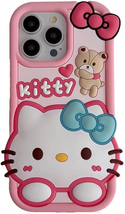 Case Creation for iPhone 15 3D Cartoon Hello Kitty Case,Full Protective Bow Cat Girly Kitty Doll Animal Back Case Teddy Bear Cute Soft Silicone Stylish Fashion Fun Aesthetic Cover for Apple iPhone 15
