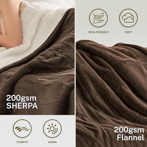 Heat Blanket 50”x60” Throw,Soft Flannel & Sherpa Reversible Electric Blanket with 10 Heat Settings,12 Timer Setting and 3 Hours Auto-Shut Off,ETL Certified Machine Washable,Dark Brown