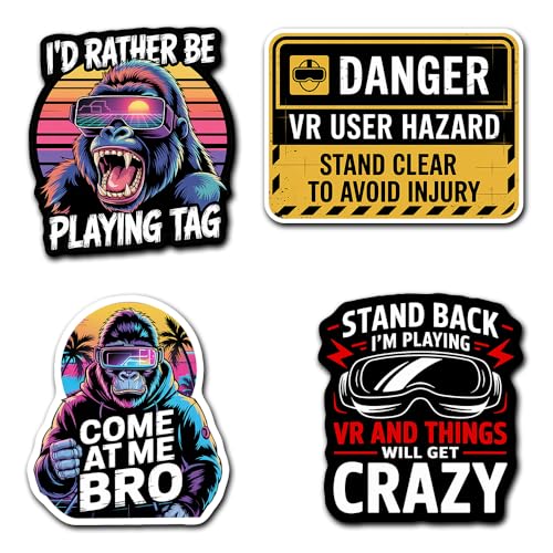 (Set of 4) I'd Rather Be Playing Tag Gorilla Sticker, Come at Me Bro Decal Gift, VR Player Virtual Reality User Hazard Gamer Funny Warning Stickers 3 Inches