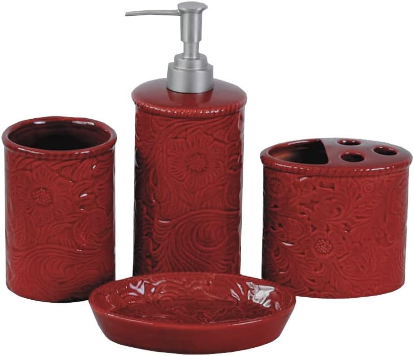 HiEnd Accents Savannah 4 Piece Ceramic Bathroom Countertop Set with Soap Lotion Dispenser, Tumbler, Soap Dish, Red Tooled Leather Floral Pattern, Modern Rustic Western Style