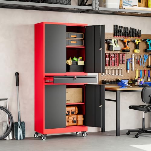 Image of Yizosh Metal Garage Storage Cabinet with Locking Doors and Adjustable Shelves,- 73 inch Rolling Tool Storage Cabinet with 4 Wheels and 1 Drawer for Garage,Warehouse (Red Black)