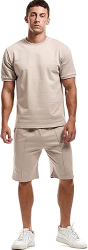 Miniatura 4 de Conjunto de 2 piezas para hombre, de verano, casual, cuello redondo, manga corta, camiseta y pantalones cortos deportivos de ajuste clásico
