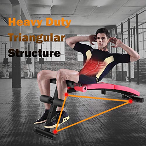 GYMAX Adjustable Sit up Bench, Folding Abdominal Training Slant Bench with Reserve Crunch Handle, Curved Decline Bench for Home/Gym (Red)