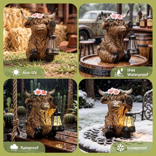 Ayadon Solar Highland Cow Garden Outdoor Statue,Cow Figurines Sculpture with LED Light,Farmhouse Decor,Patio Balcony Yard for Pasture & Farm Theme Mother's Day Housewarming Gift for Women Mom Grandma