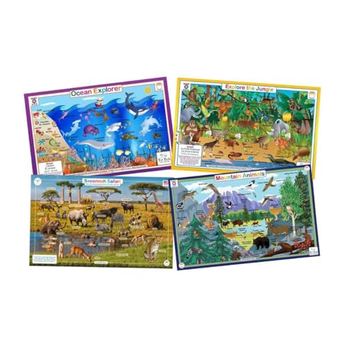 Tot Talk Wildlife Explorer Educational Placemat 4-Pack for Kids – Made in USA – Ocean, Jungle, Savannah, & Mountain Animals – Durable, Double-Sided, Waterproof, Wipeable Learning Mats