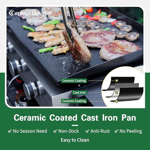 Captiva Designs 22 in Flat Top Grill with Ceramic Coated Cast Iron Pan, Portable Tabletop Propane Gas Griddle Grill for Camping, Outdoor & Tailgating Barbecue, 24,000 BTU Output, 3 Burners - Thumbnail 2