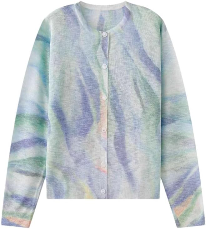 Women Long Sleeve Print Knitted O Neck Cardigan Soft Lightweight Knit Sweater Top Anti-Darkness