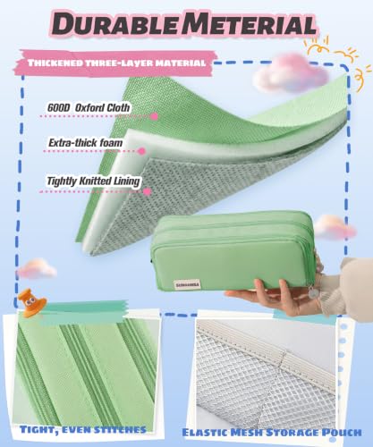 FAHZON Cute Pencil Case, 3 Large Compartments Pencil Pouch, Elastic Pen Slots&Mesh Pockets for Stationery, Pencil Bag for School Supplies with Zipper for Girls Boy Women Teens Adults-Green - Image 4
