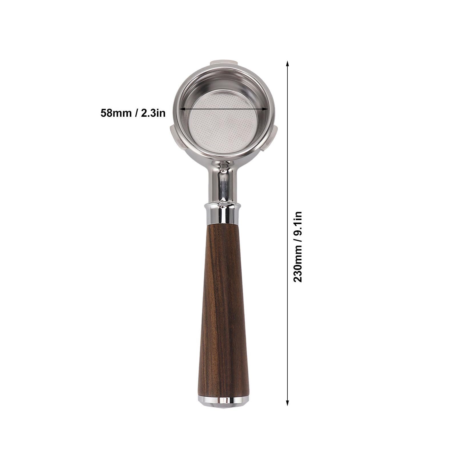 Portafiltro sin fondo de 58 mm con 3 orejas de acero inoxidable para café con mango de madera maciza, mango de café Barsetto para máquina de café, mango de café (introduce una rama de ácido negro)