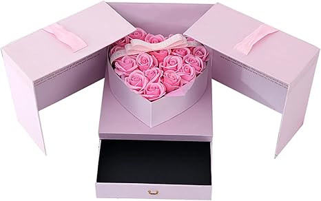 Amazon ソープフラワー ギフトボックス 母の日 プレゼント 造花 癒し 枯れない花 ピンク バラ 引き出し付き ラッピング ラッピングボックス 記念日 バレンタインデー 告白 ギフト ケース 造花 オンライン通販