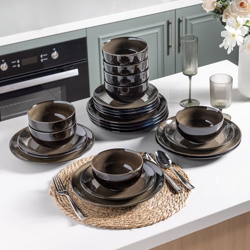 Image of LERATIO Ceramic Dinnerware Sets for 8,Stoneware Plates and Bowls Sets,Handmade Reactive Glaze Dishes Set,Chip Resistant and Scratch Resistant | Oven&Dishwasher & Microwave Safe-Chestnut(24PCS)