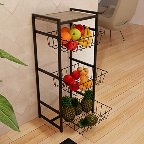Fruteira De Chão 3 Cestos Cozinha Preto Em Aço Com Base Para Bebedouro