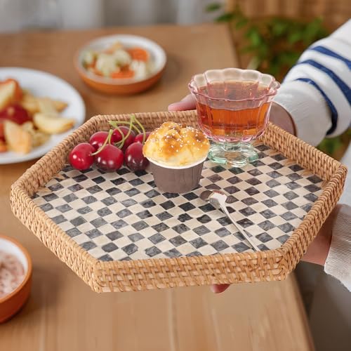 Tynulox Hexagon Rattan Tray with Mother of Pearl Inlay, Rattan Serving Tray for Coffee, Bread, Fruits, Snacks, Decorative Wicker Tray for Table Decor, Home Decor (Black Checker, 14.5\"×12.8\")